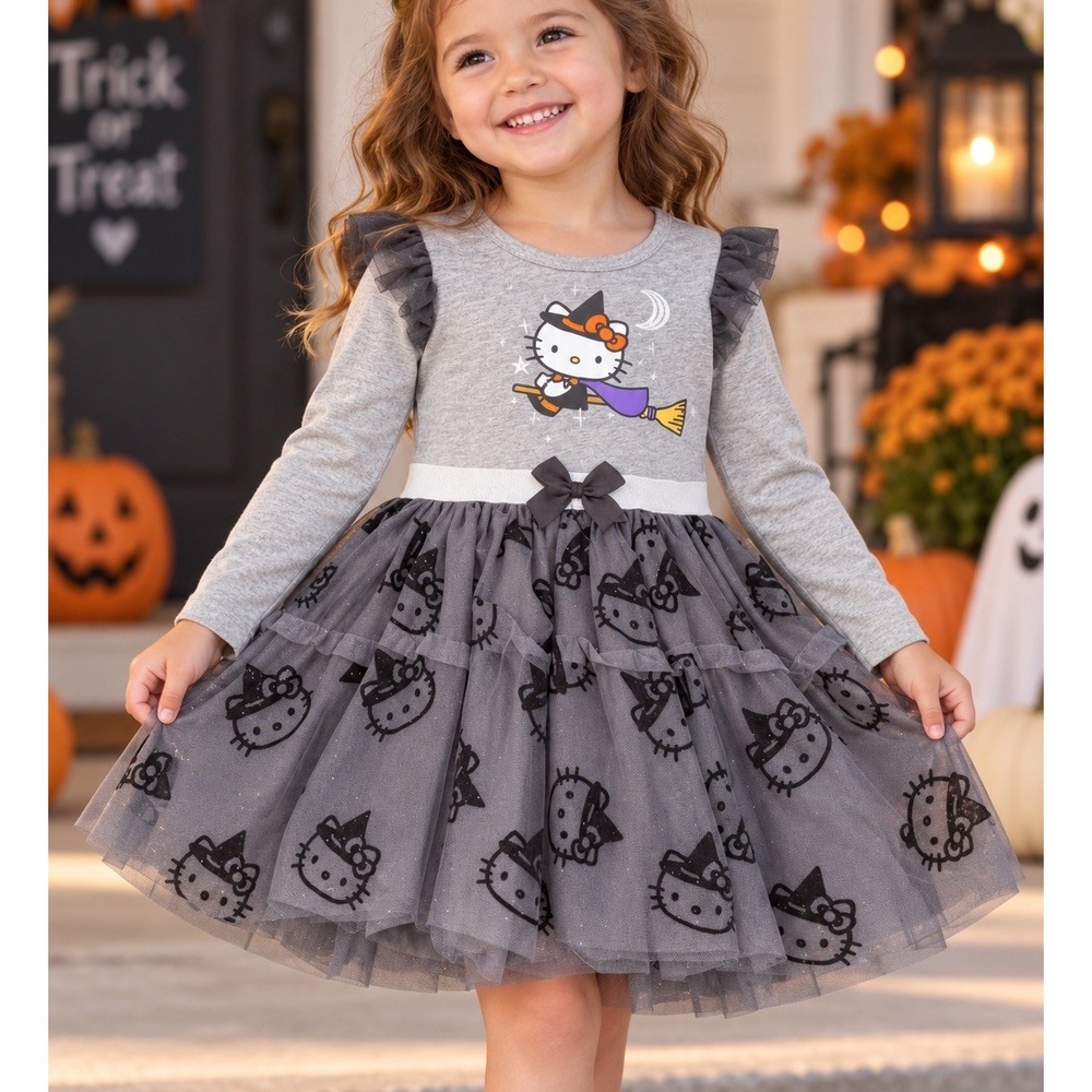 Hello Kitty Girls 4T Halloween Witch Tutu Dress Gray Black Long Sleeve Party NWT